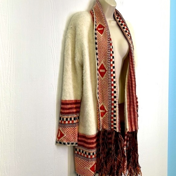 MAX SPORT - Ivory & Orange Long Boho Peruvian Fringe Beautiful Open Cardigan M - Picture 3 of 13
